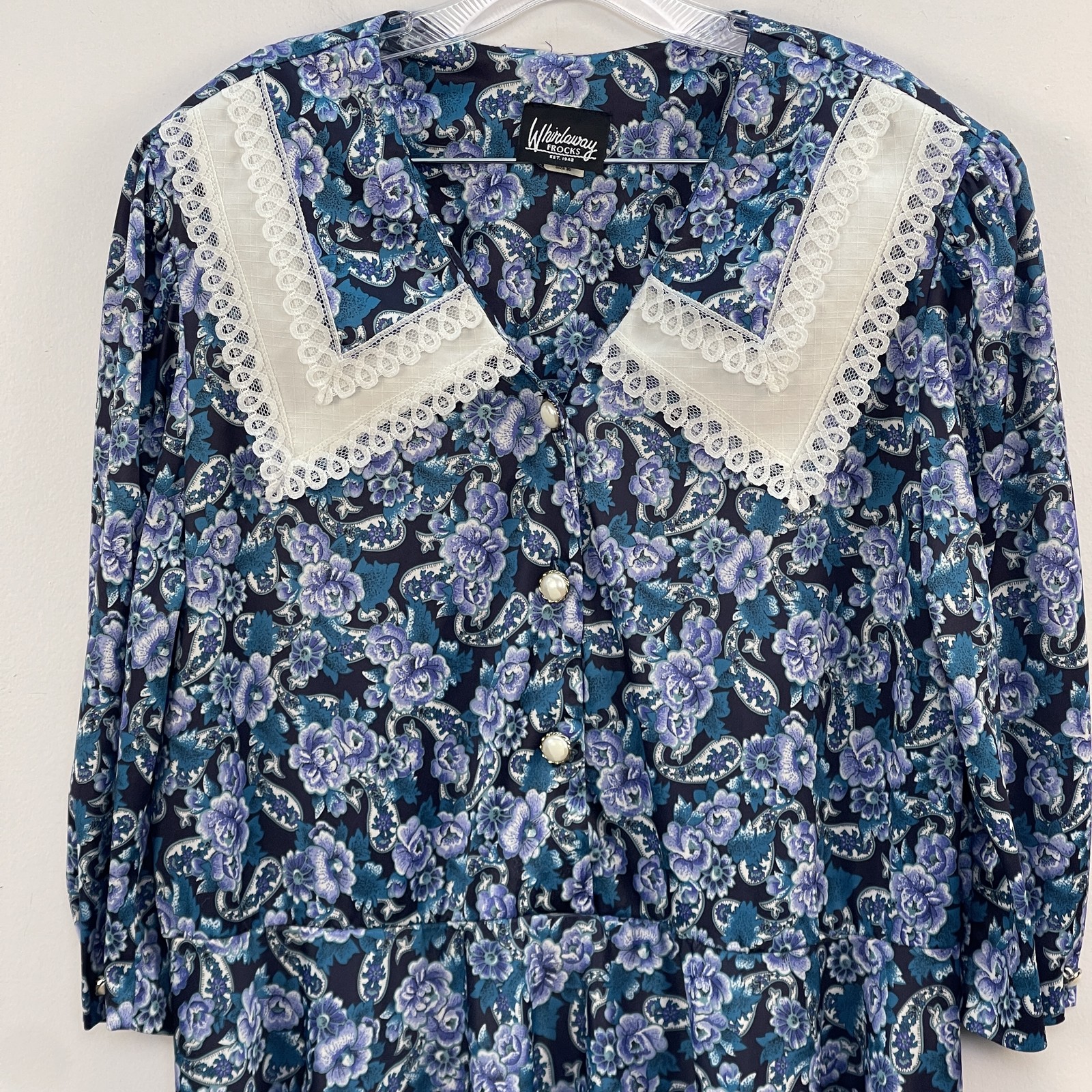 Whirlaway Frocks Blue Floral Long Sleeve Prairie Dress with Lace Collar Size 20