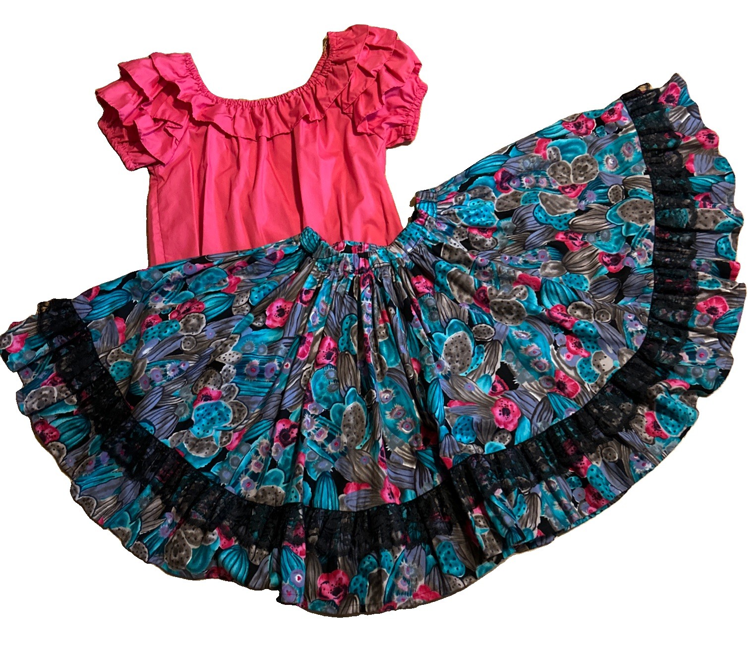 Vintage Handmade Red Floral Square Dance Dress Size Small Western, Rockabilly