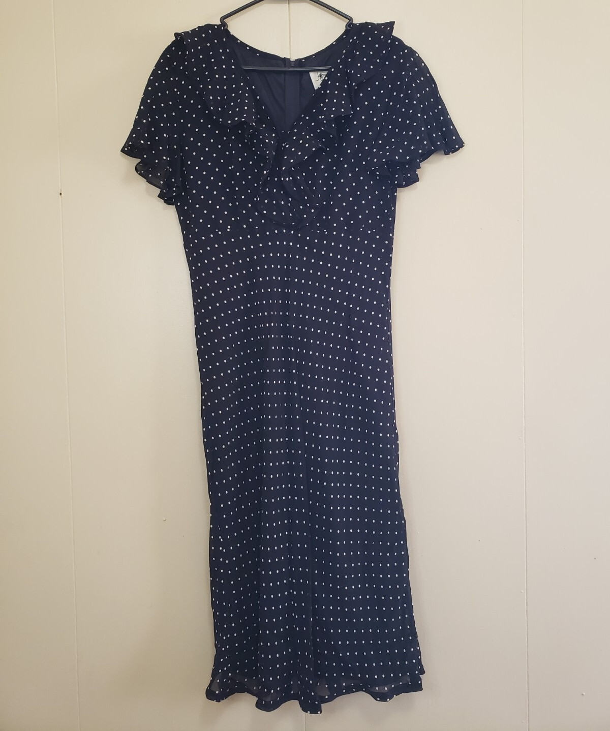 Vtg Jeffrey & Dara Womens 10 Dress 100% Rayon A Line Midi Polka Dot Retro Ruffle