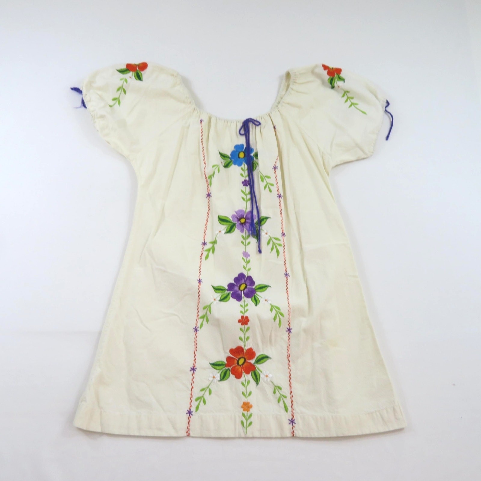 Linen Embroidered Flowers Hippy Dress Beige Purple Orange Green Blouse 1970s