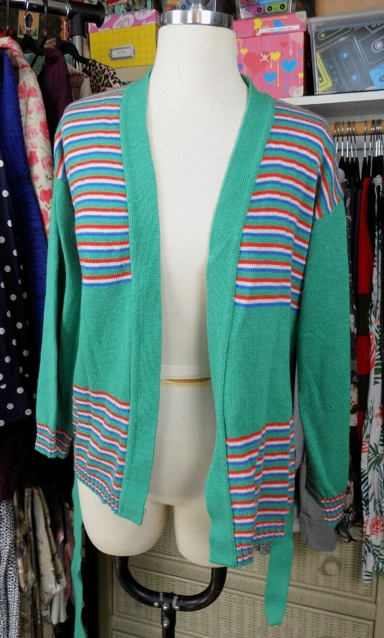 Vintage Sears Mates Junior Bizaar Green Red White Blue Striped Cardigan Medium