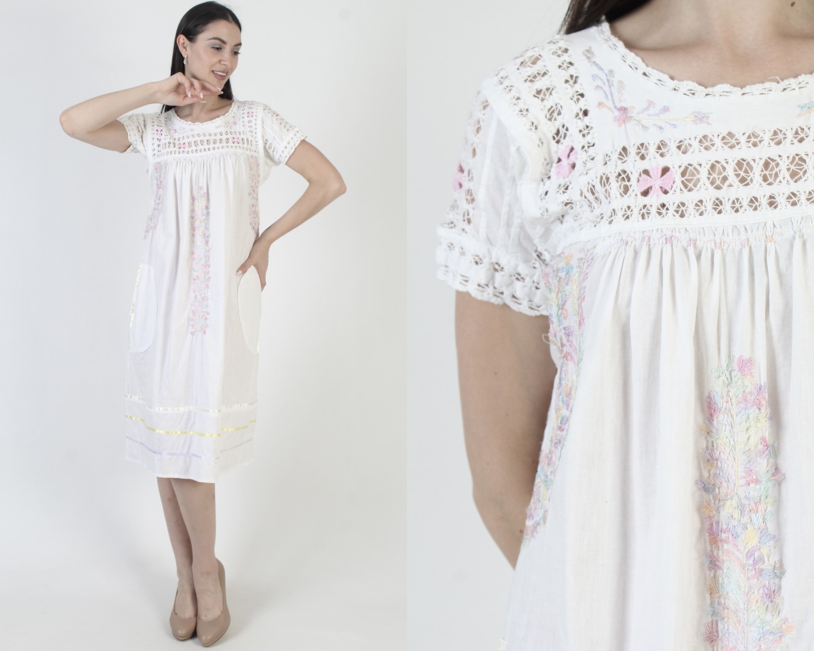 Vtg White Cotton Oaxacan Dress Pastel Embroidered Crochet Mexican Pocket Kaftan