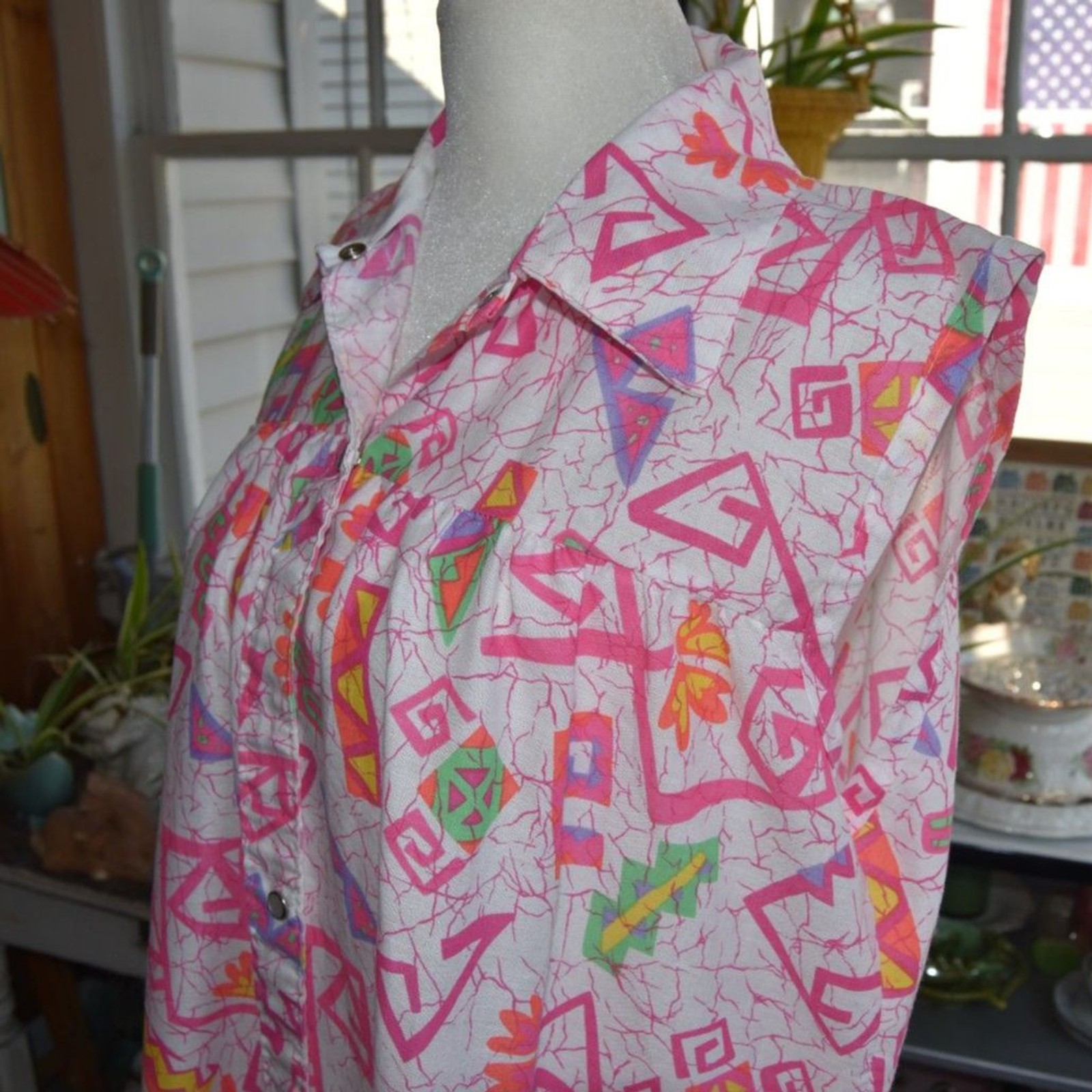 Vintage 80s House Dress Size 16 L Pink Memphis Print Snap Front Duster Midi