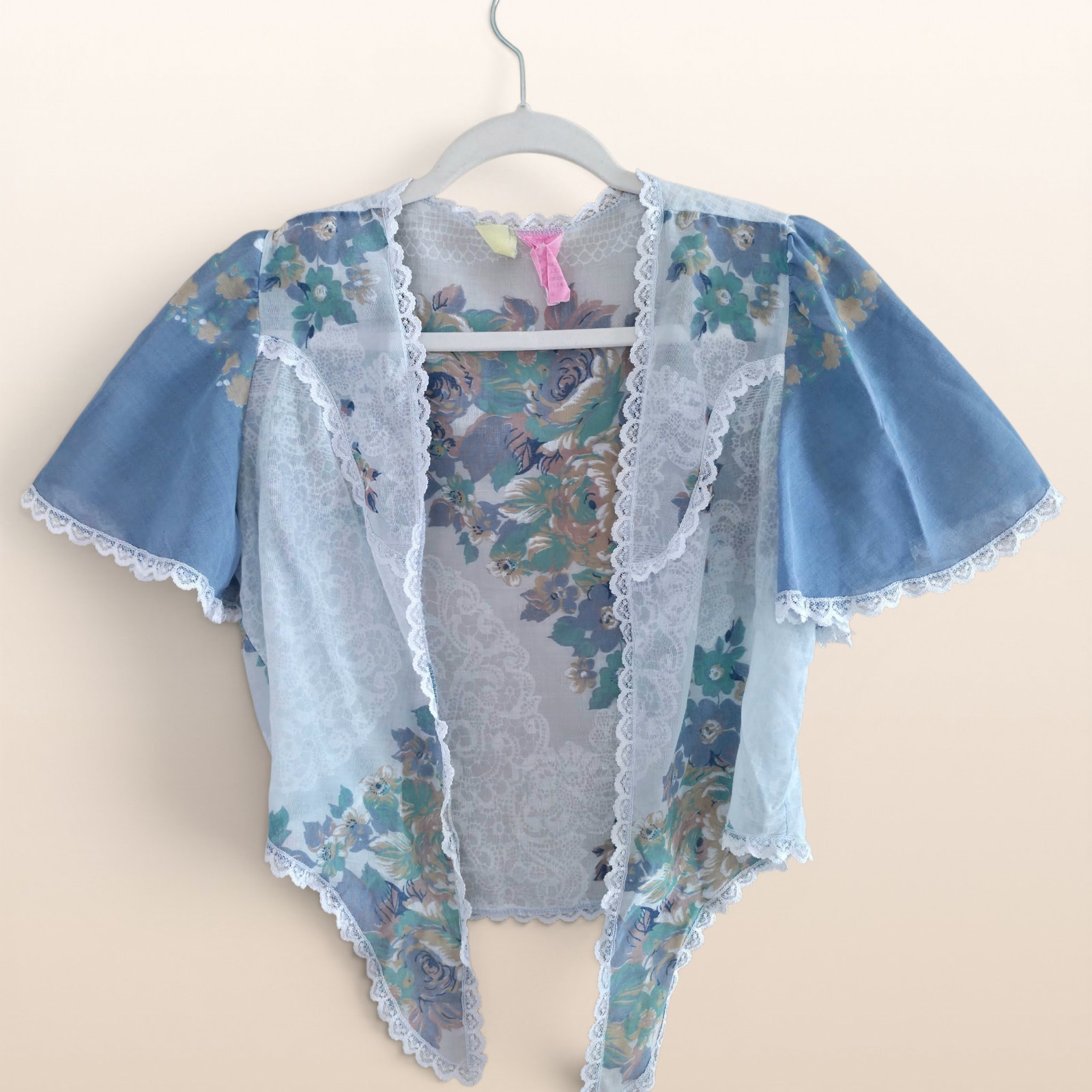 Vintage 70s Lace Tie Front Floral Lingerie Top Cal Togs Blue & White Sheer