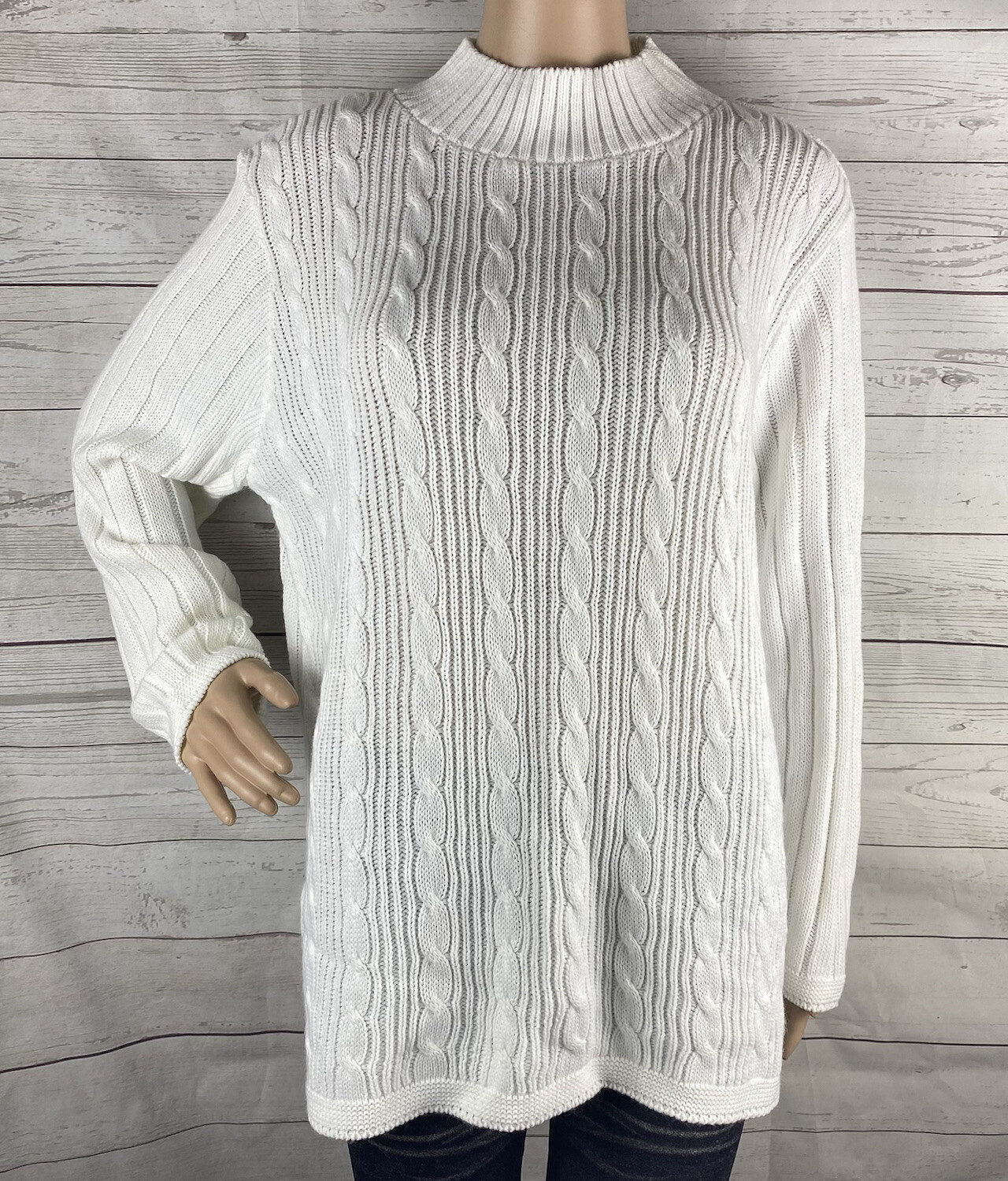 Vintage 80s 90s Bobbie Brooks Sweater Large Solid White Cable Knit Mock Neck