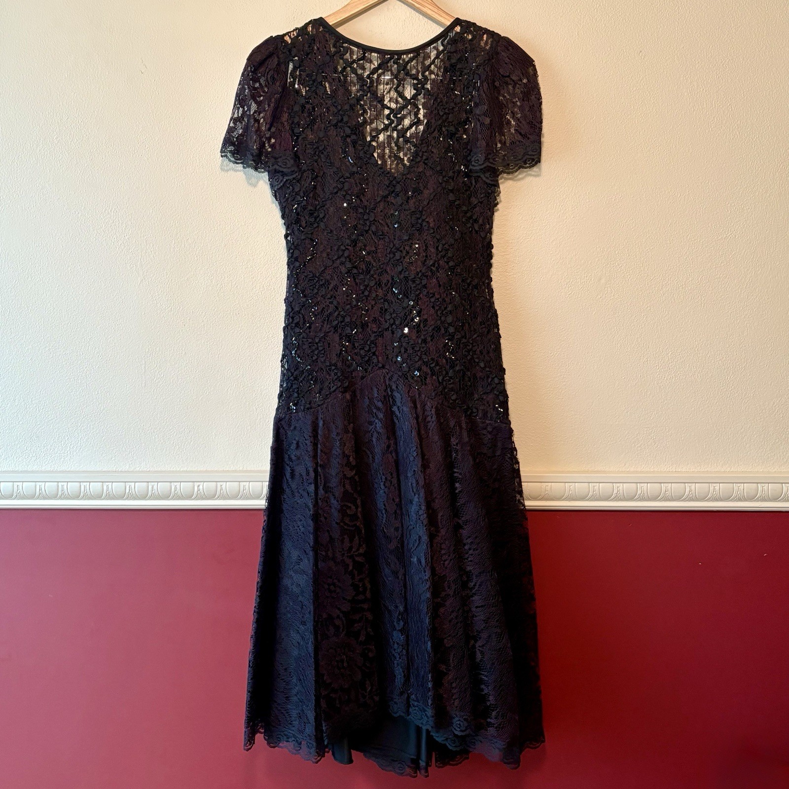Vintage HW Collections Black Lace Dress Sequin Drop Waist Flutter Sleeve Size S