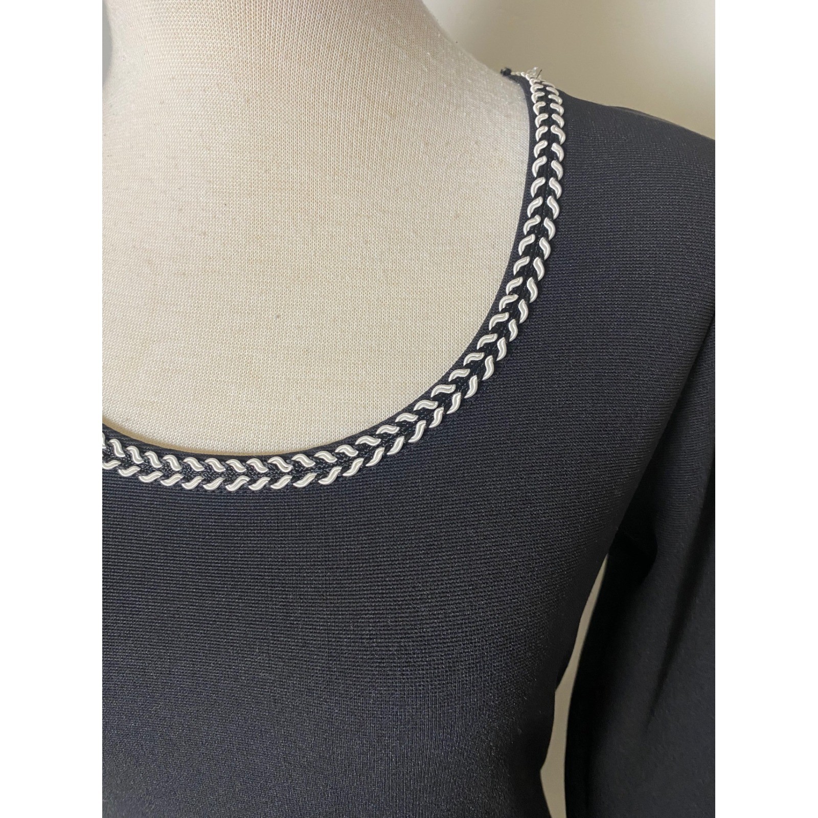 Vintage 90s Shes Black Long Sleeve Mini Dress Braided Trim Padded Shoulder Small
