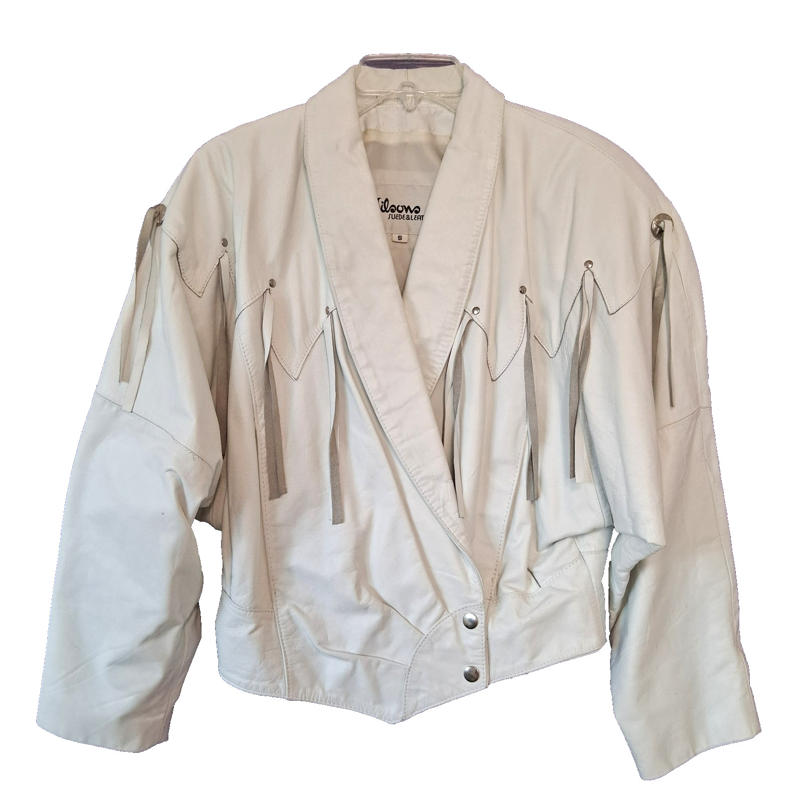 VTG Wilsons 1980s White Leather Jacket Womens S Western Cowgirl Fringe Yoke Crop