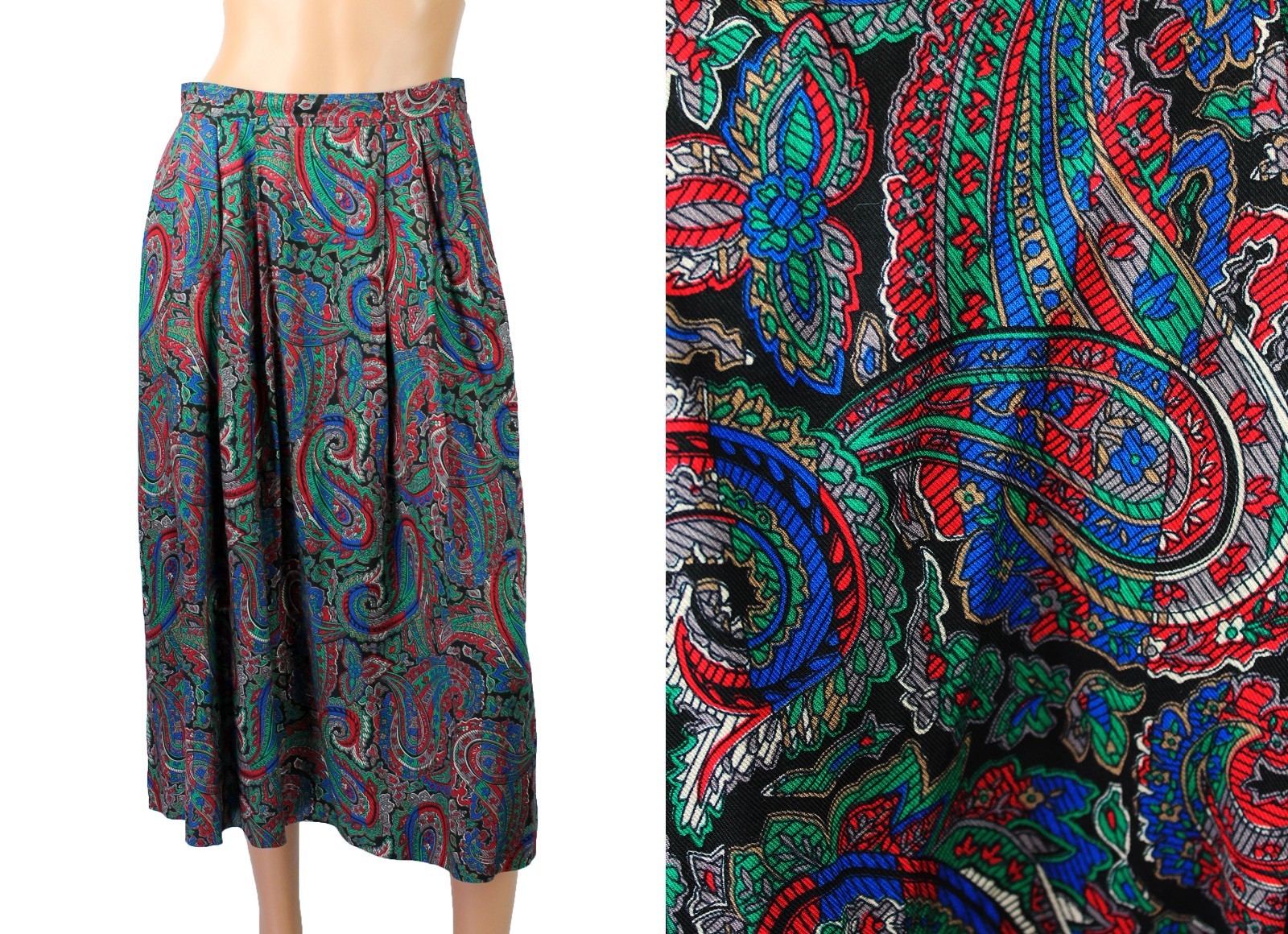 Vintage Pendleton Pleated Midi Skirt Sz 10P M Blue Red Green Paisley Rayon
