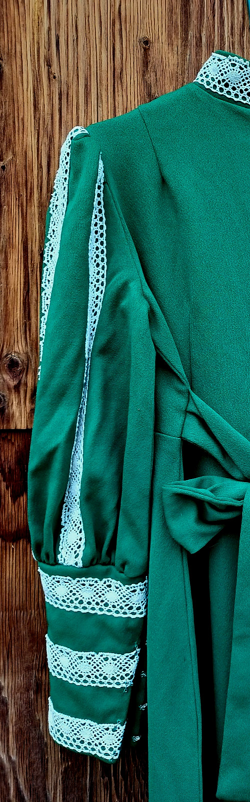 Amazing 70s Vintage Green Empire Leg O Mutton Sleeve Sz M/L PolyKnit Maxi Dress