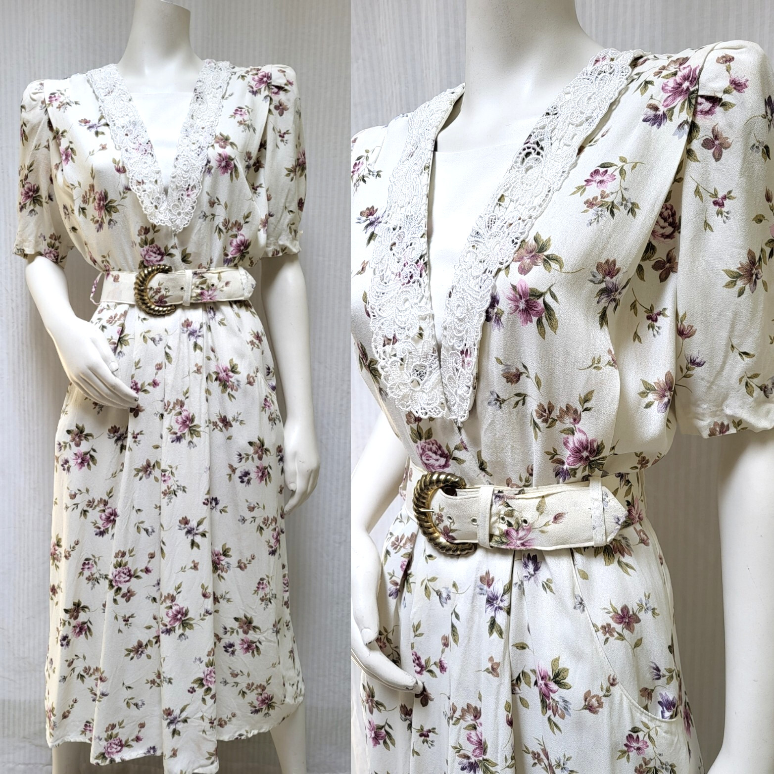 Vintage 1980/90s S.L. FASHIONS Purple Pink floral Shirt Dress w/ Belt – Size M/L