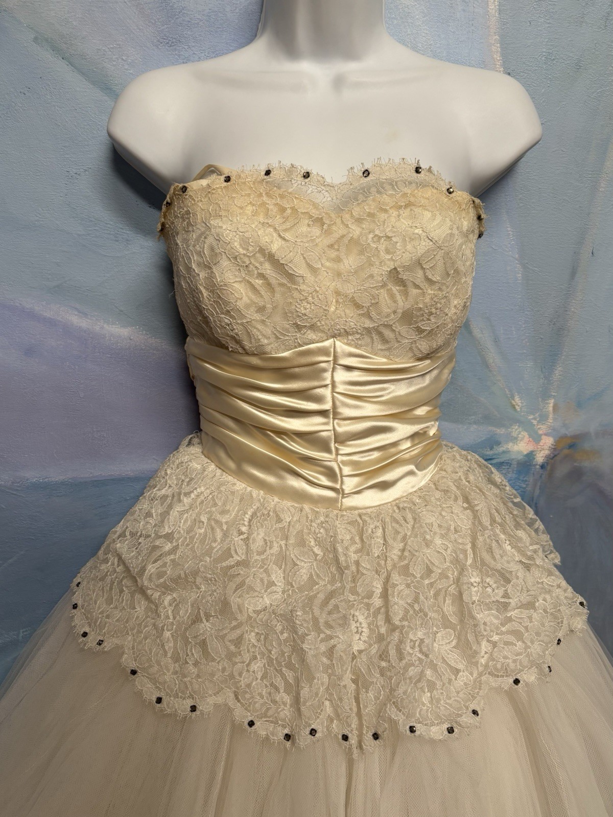 Vtg 1950s Ivory Lace Tulle Bridal Prom Dress Wedding Gown Petticoat Rhinestones