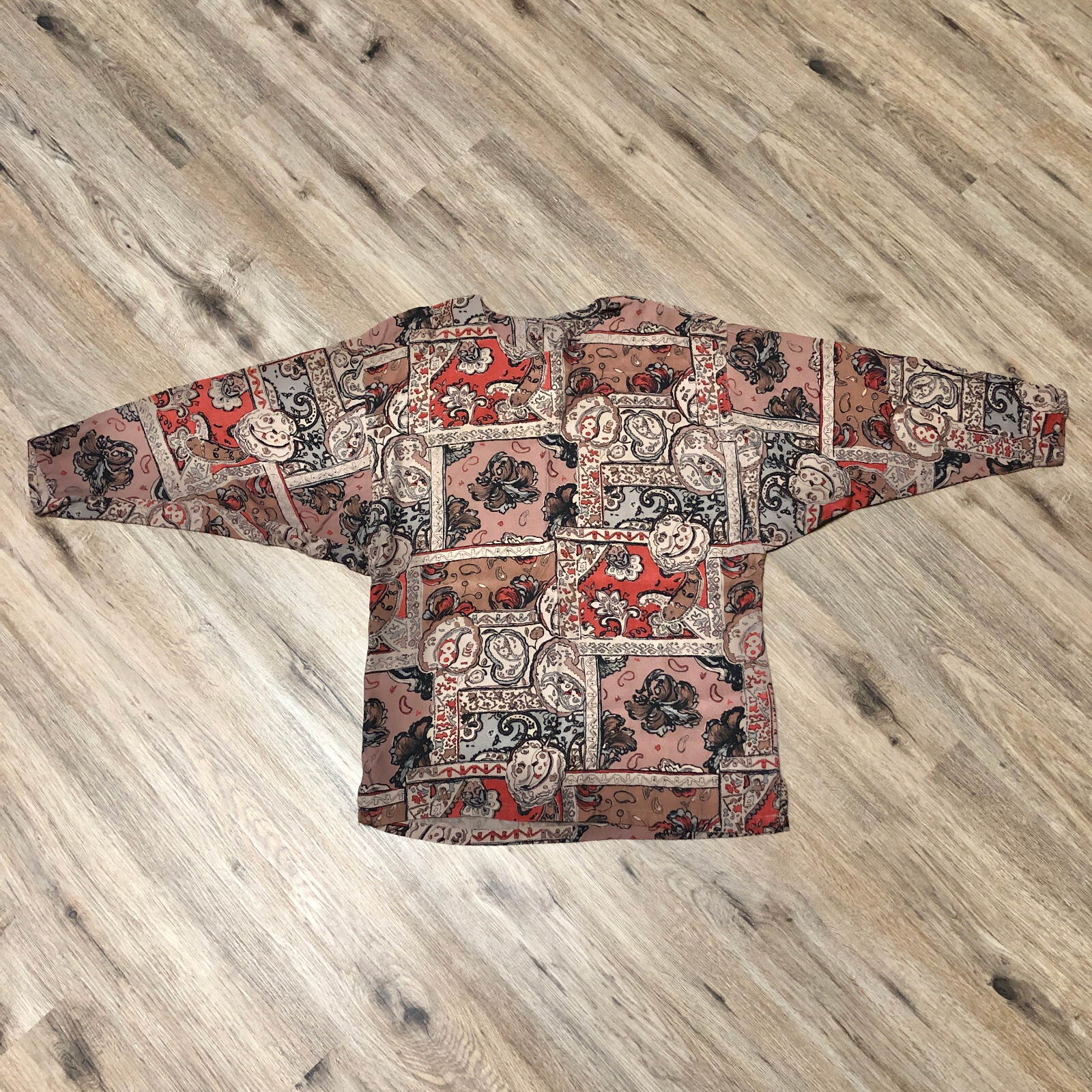 Vtg Paisley Persian Rug Print Batwing Dolman Sleeve Oversize Shirt Blouse Top S
