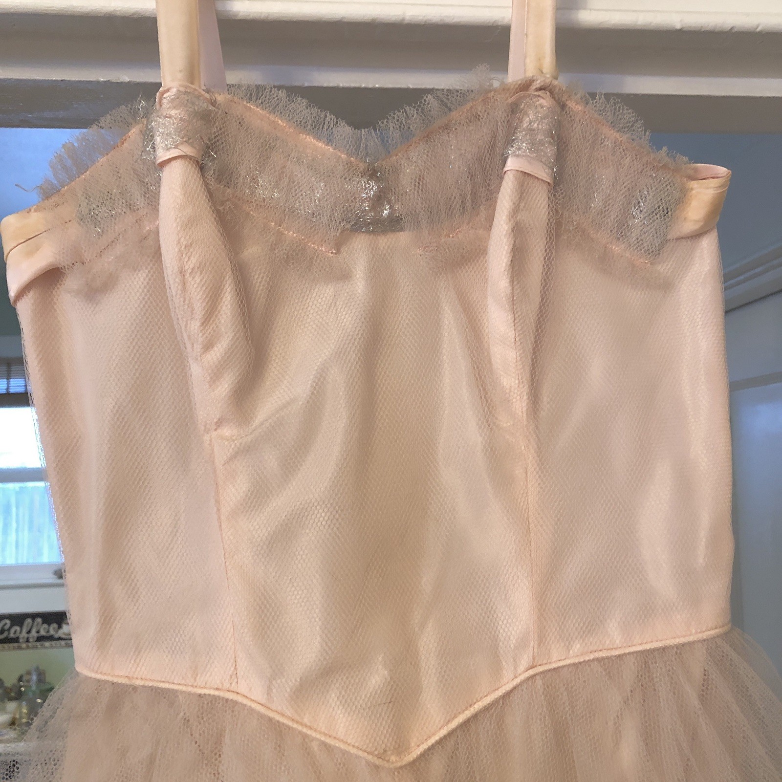 Vintage 50s Prom Party Dress XS Pink Acetate Tulle Net Overlay Sweetheart Read