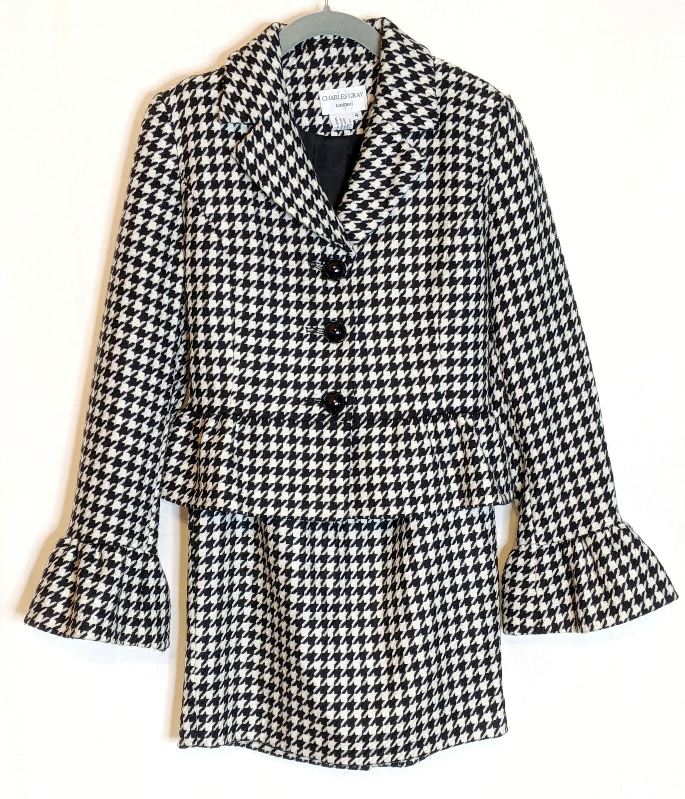 Vintage CHARLES GRAY London Women Sz 2/4 Wool Skirt Suit Black White Houndstooth