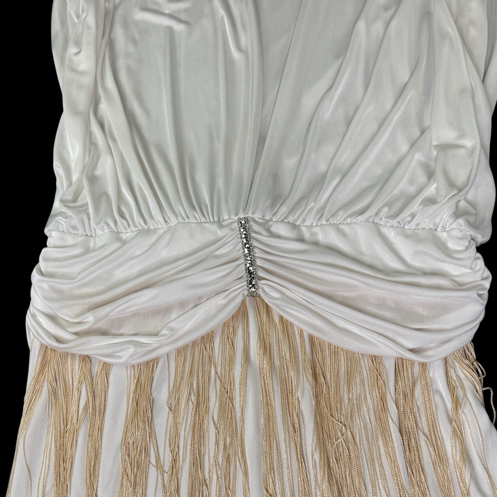 Vintage Filigree California Disco Fringe Cocktail Dress White Gold VNeck Sz 14