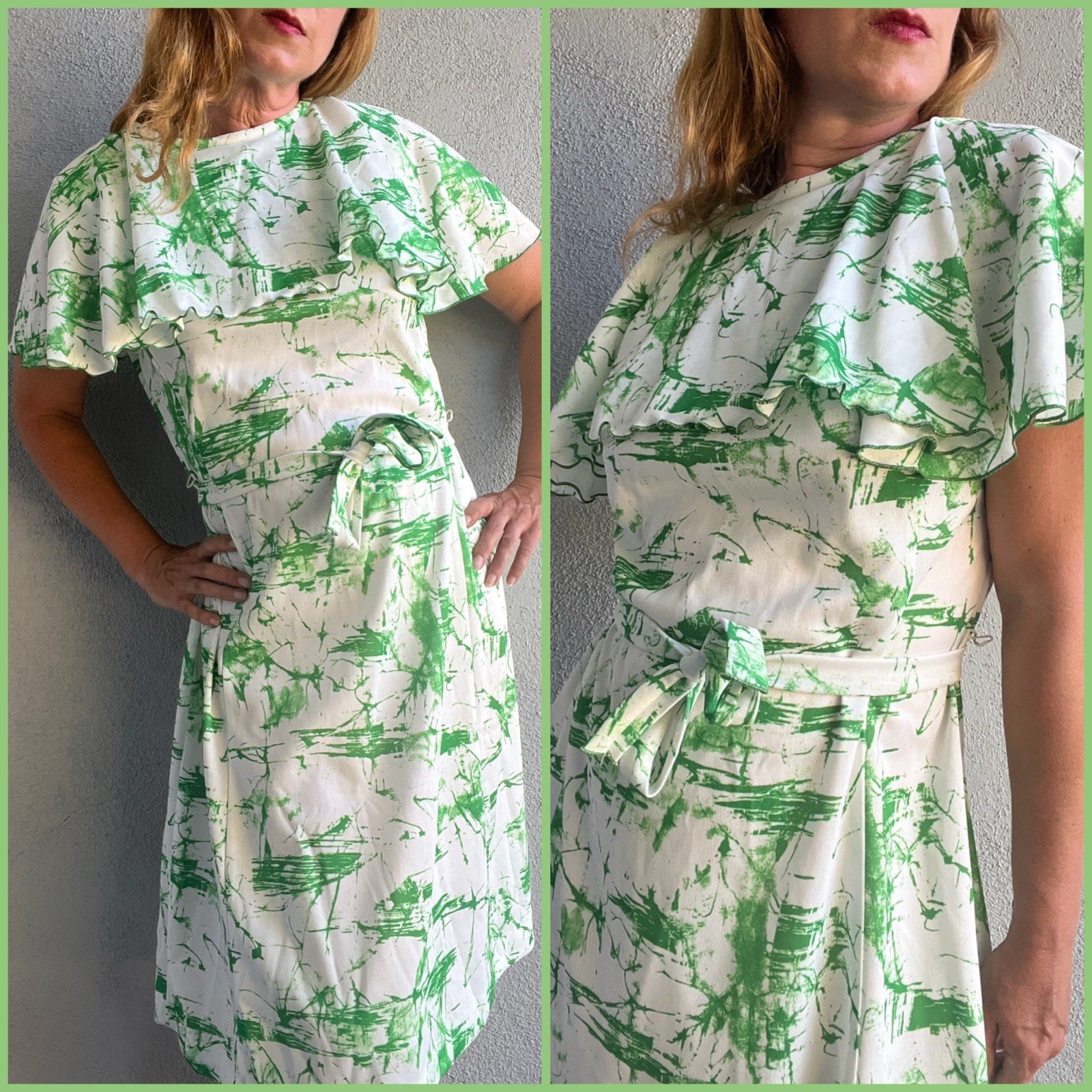 Vintage 1950s Green Abstract Splash Paint Capelet Sleeve Midi Dress Sz S/M