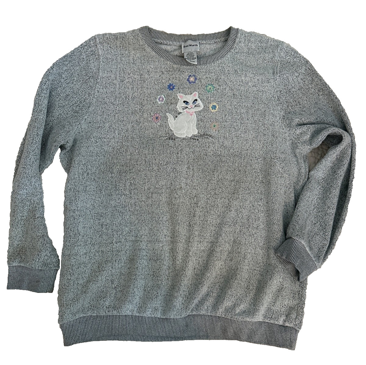 VTG Bonworth Knit Sweatshirt Sweater White Cat & Flowers Granny Core Grandma M