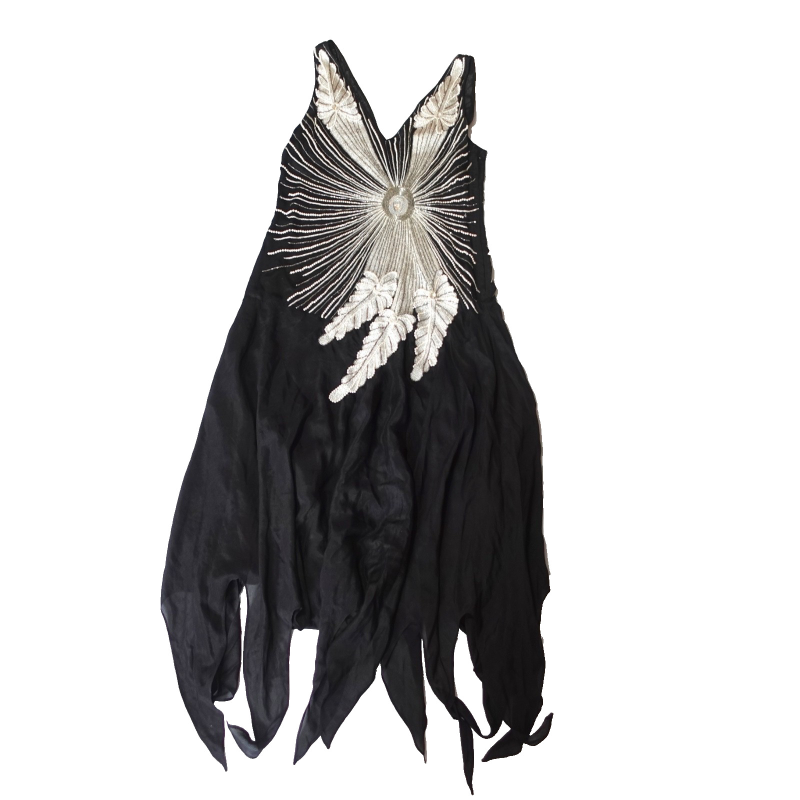 Metamorphosis VINTAGE Black Fringe Dress Size S Black Silk Beaded 80s 90s