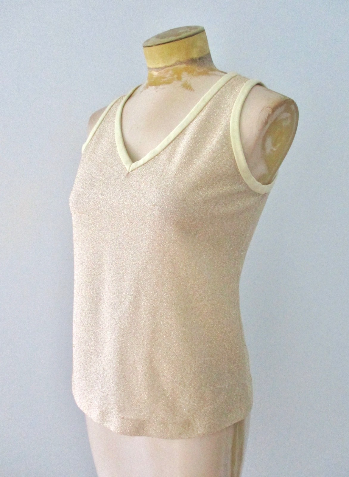 Vtg 60s 70s sparkly gold glam metallic v-neck tunic disco top eveningwear M