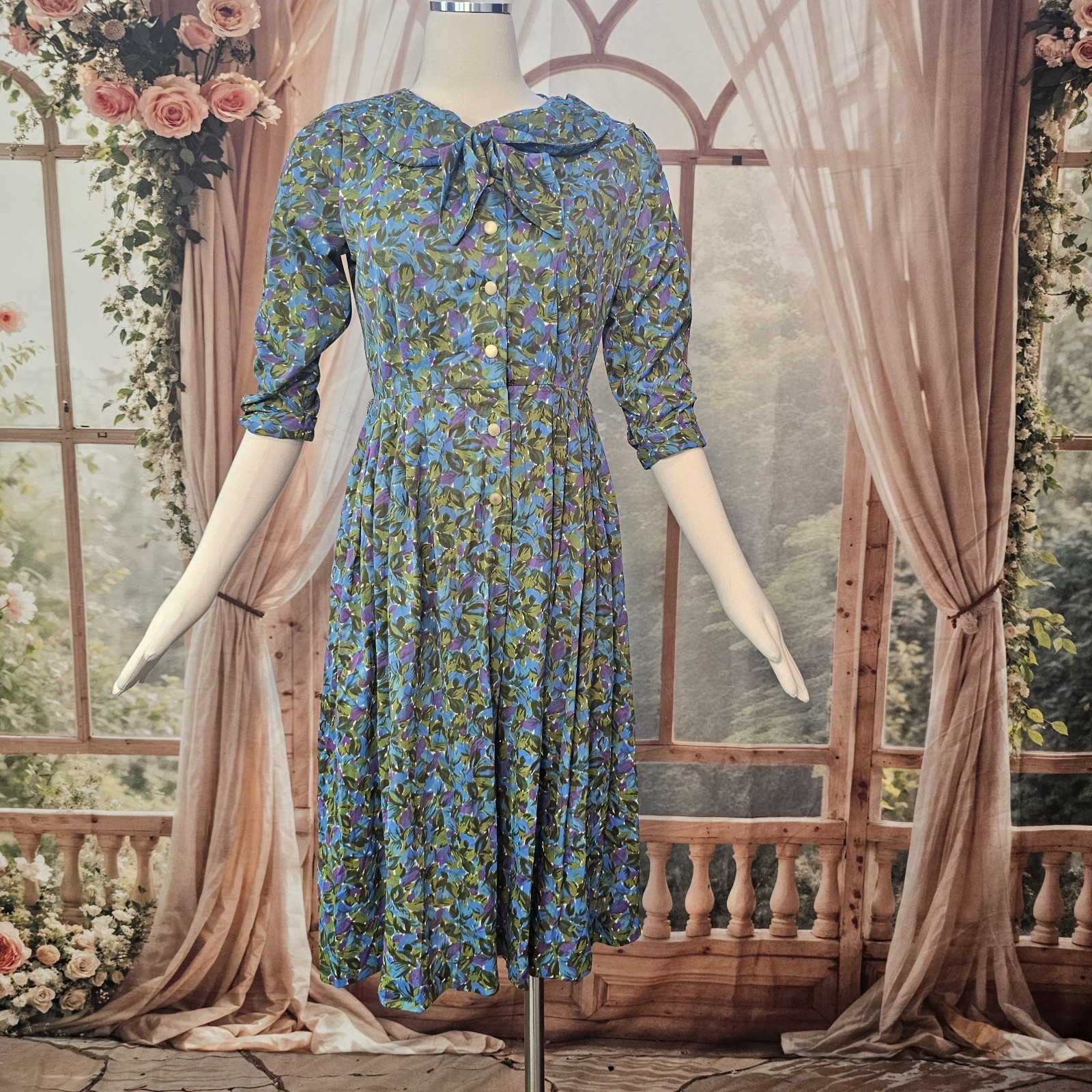 Vintage 1960’s Dress Blue Green Purple Floral Rounded Collar Necktie Retro