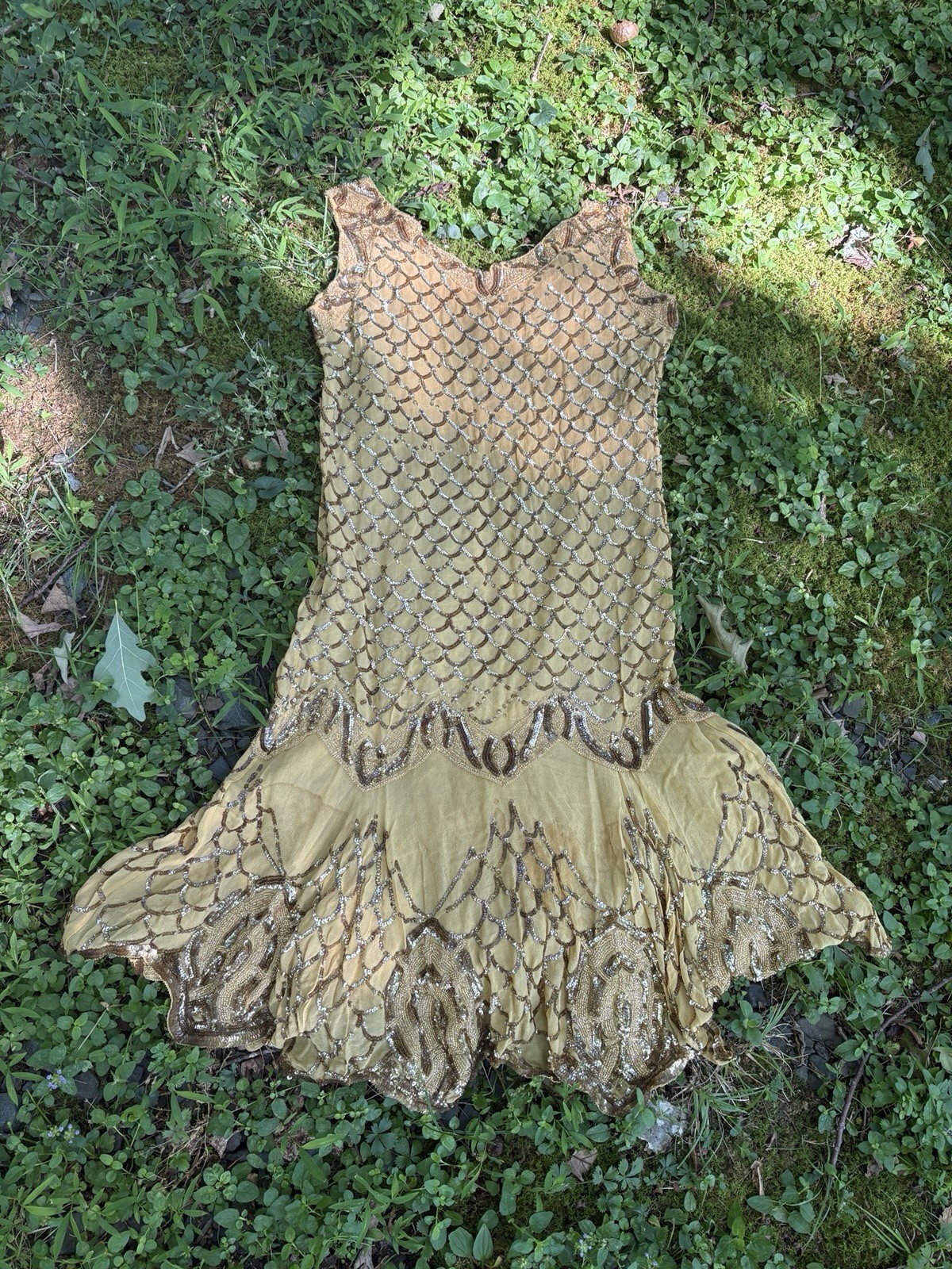 Vintage 1920s Flapper Dress Gold Sequin Silk Chiffon Fish Scale Beaded Gatsby S