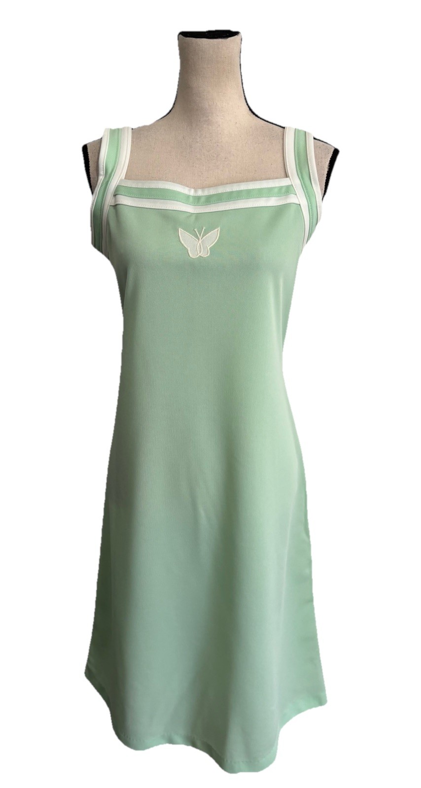 Vintage 1970s Dress Mint Green Butterfly Accent White Trim Summer Size 16
