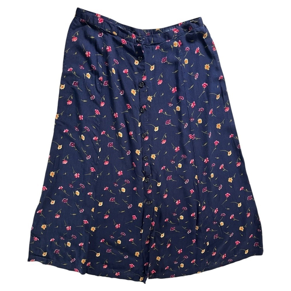 Vintage Bentley Navy Floral Rayon Skirt XL Button Front Cottage Peasant Midi