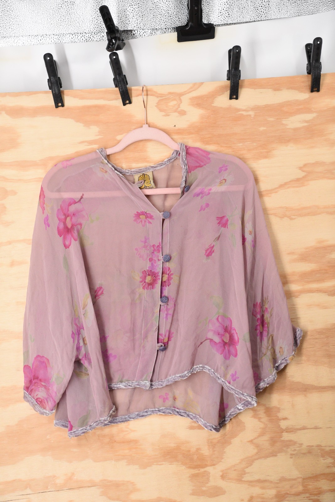 Vintage URU Kristine St Rrik Silk Floral Chiffon Velvet Trim RARE! Button Shirt