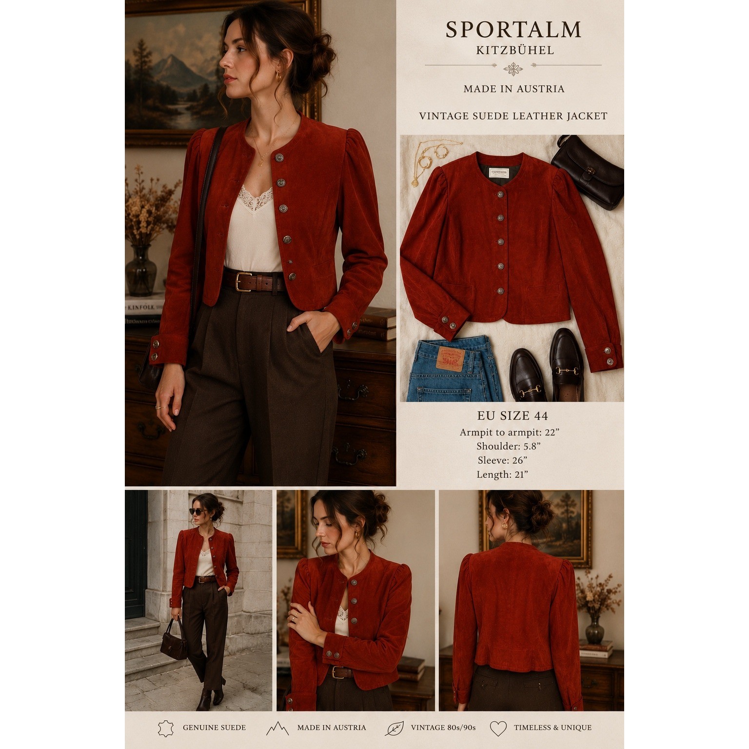 Sportalm Kitzbühel Vintage Suede Leather Jacket Rust Red Made in Austria EU 44