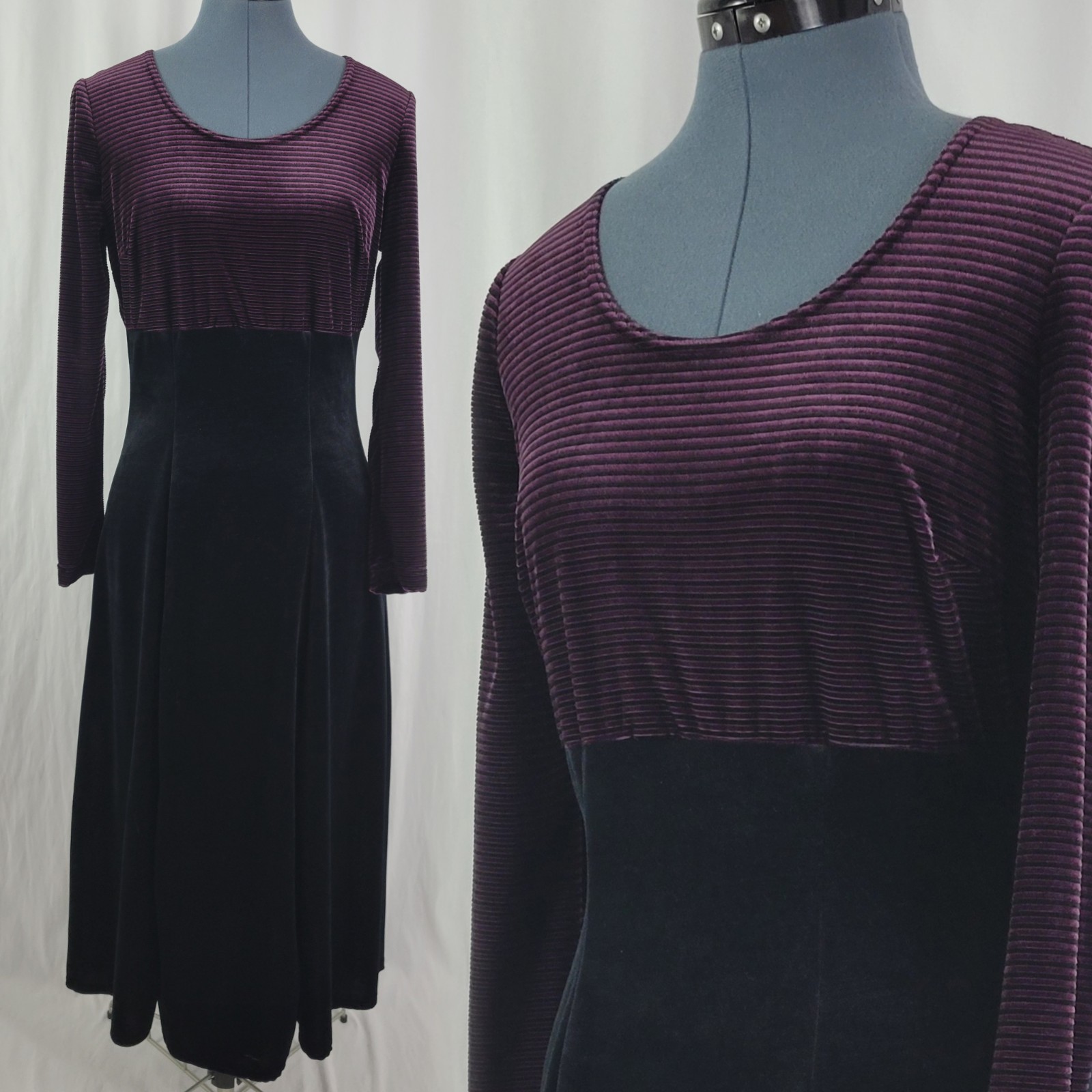 Vtg CC Studio Velvet Dress w Purple & Black Striped Bodice & Black Skirt Size 8