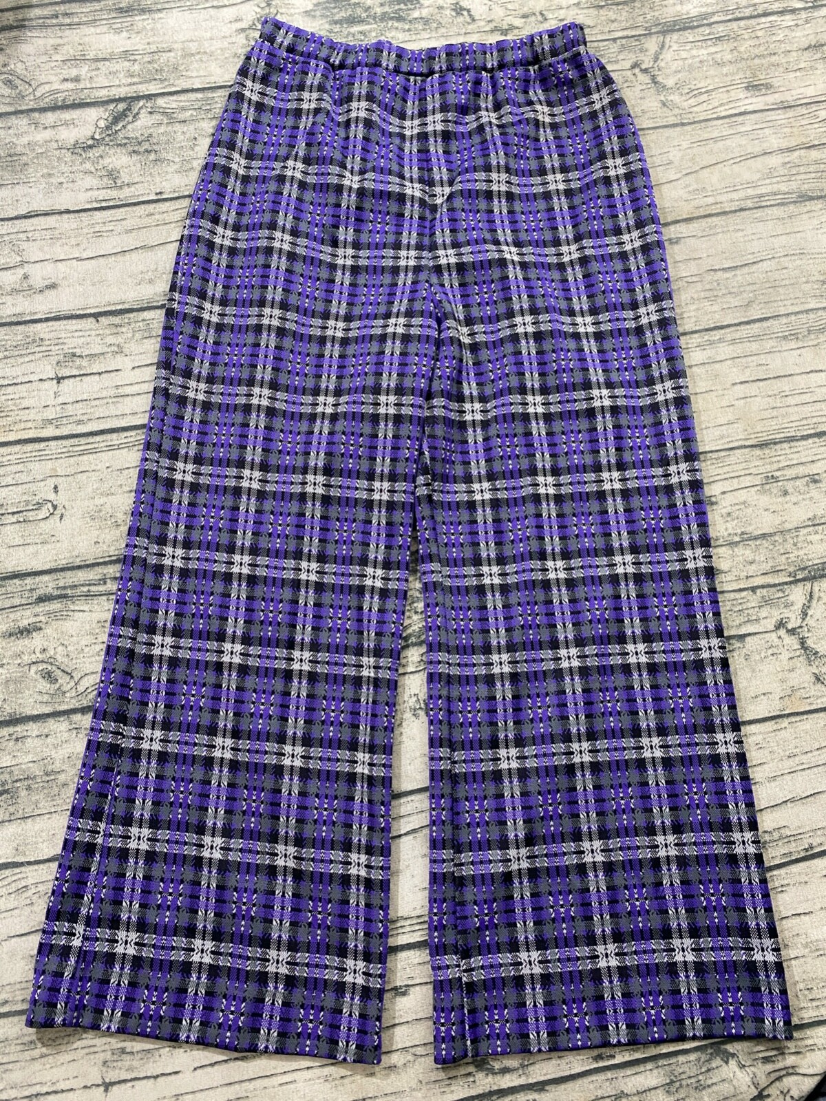 Pykettes 70s Elastic Waist (msrd 26×25) Purple Tartan Plaid Wide Leg Bell Flare