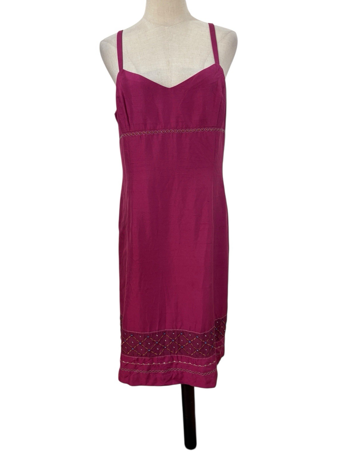 Vtg 90s Ann Taylor Silk Slip Dress Sz 12 Pink magenta Embroidered Boho Cocktail