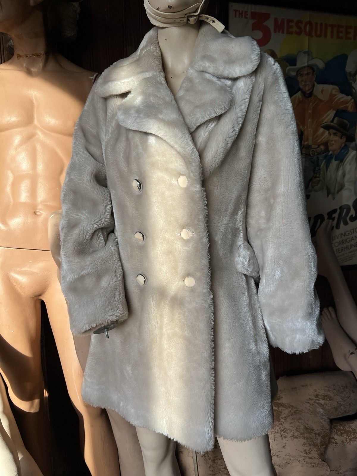 Vintage 50s Borgana Faux Fur Coat Off White Double Breasted Winter Plush Mid