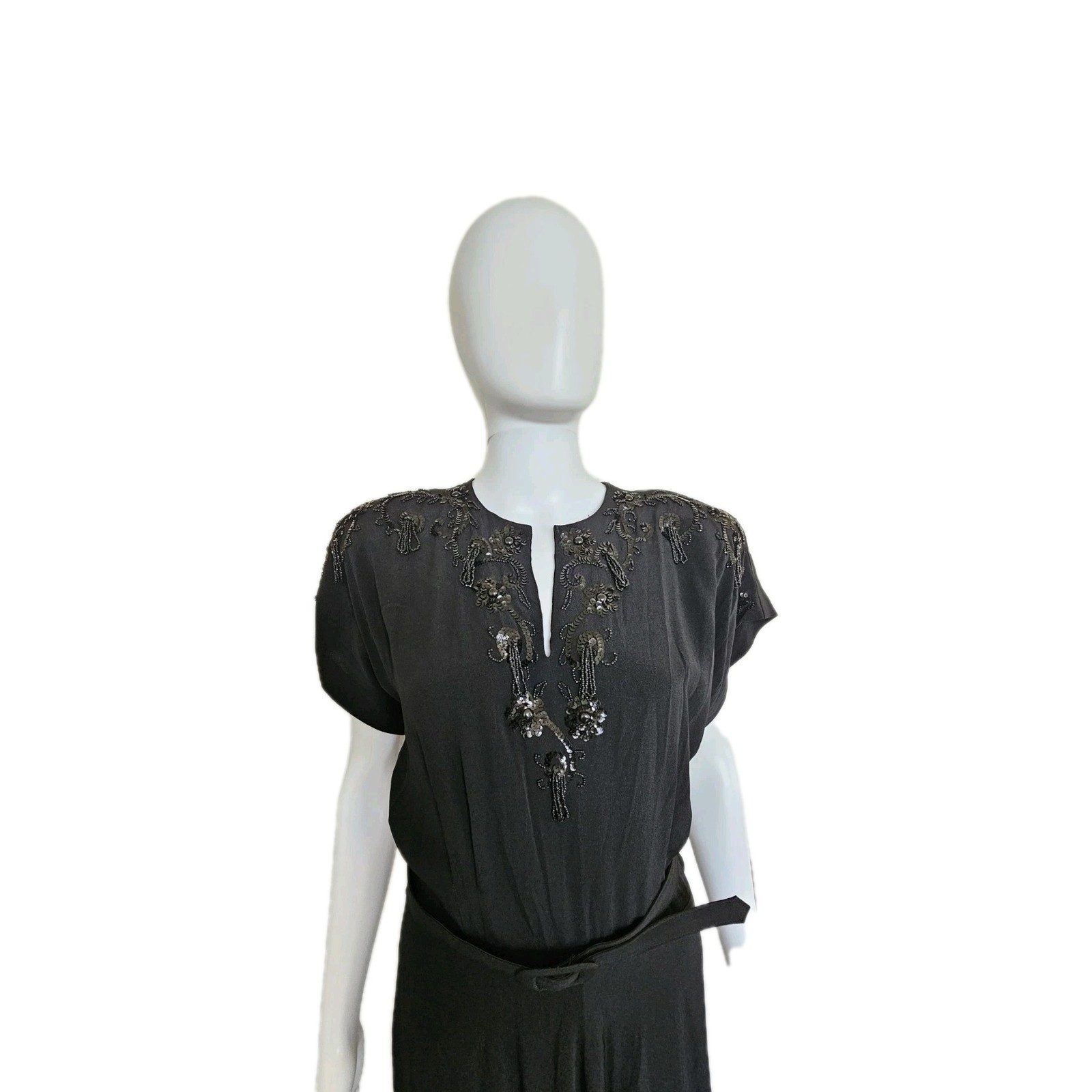 Vtg 40s DuBarry Black Rayon Crepe Beaded Evening Maxi Dress W28-29″