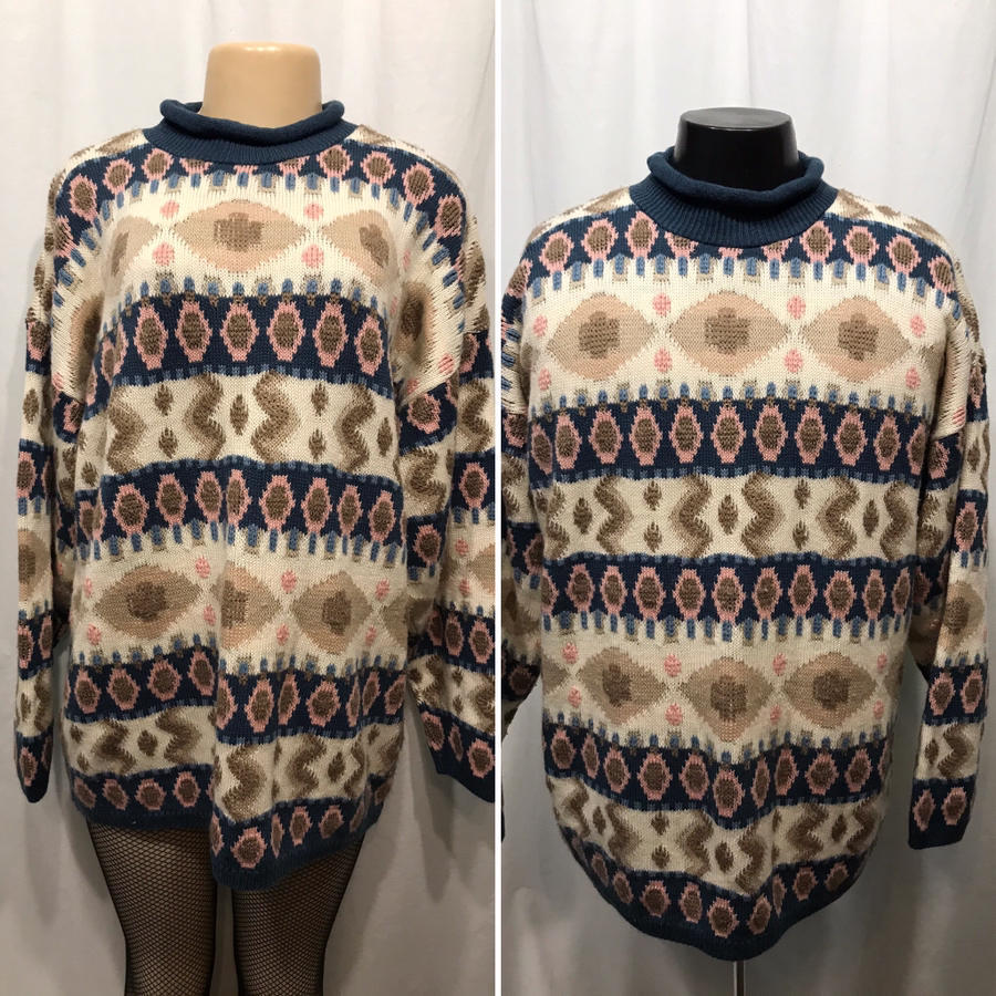 Vtg 80s Crewneck Sweater Blue Tan Pink MADE USA Mens Womens Acrylic L UNISEX