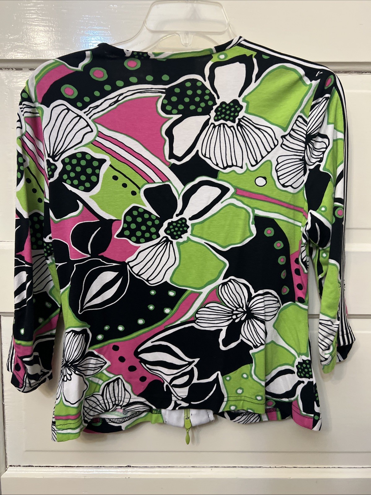 Vtg Y2K Joseph Ribkoff Artsy Quirky Statement BLK Stripe Floral slim Zip-up S 12