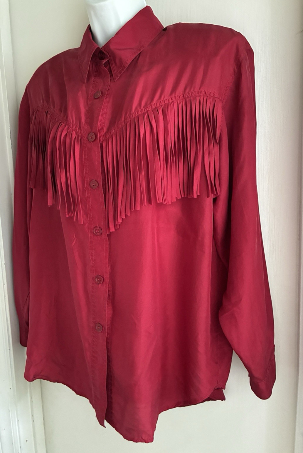 Capezio Vintage 80s Red Silk Fringe Shoulder Pad Button Up Blouse Med Large