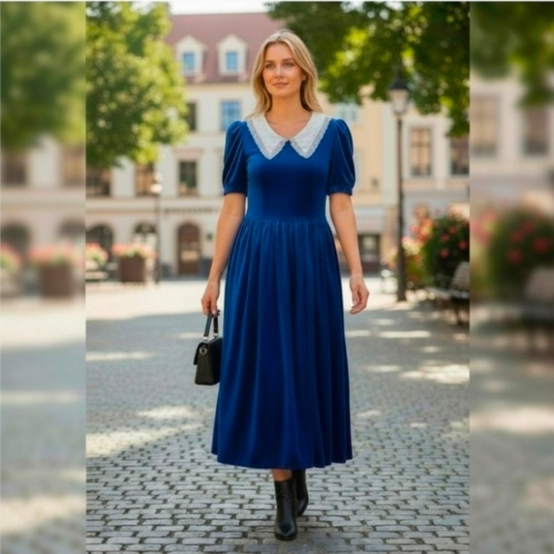 Vintage Gunne Sax By Jessica McClintock 70’s 80’s Dress Blue Velvet Size Small 5