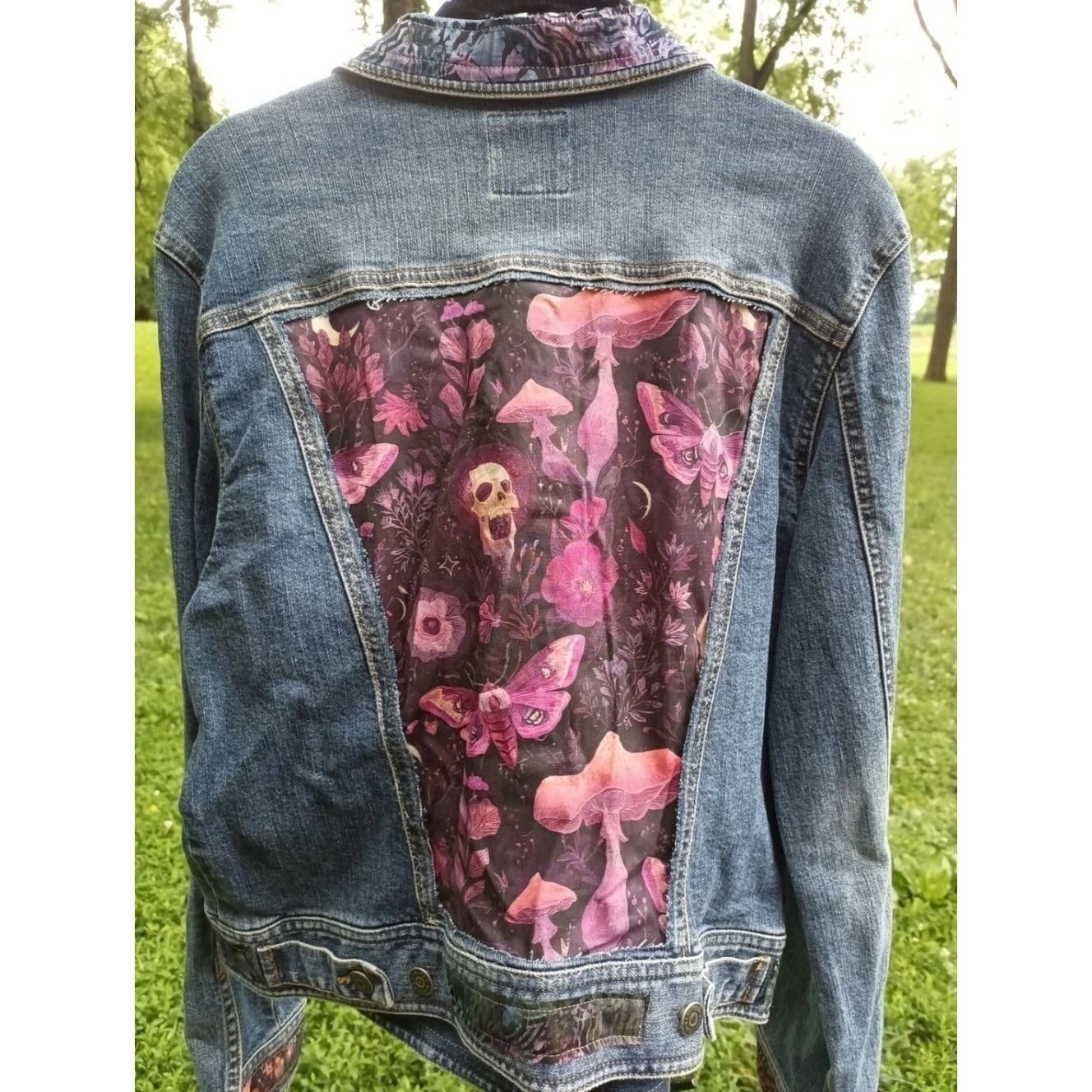 Dark Cottagecore Denim Jacket Moth Mushroom Skull Jacket Handmade Boho Size Med