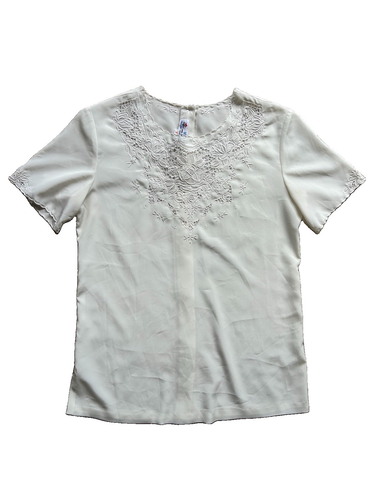 Rose Blouse Shirt Top White Back Button Floral S 80s Hand Embroidered Romantic