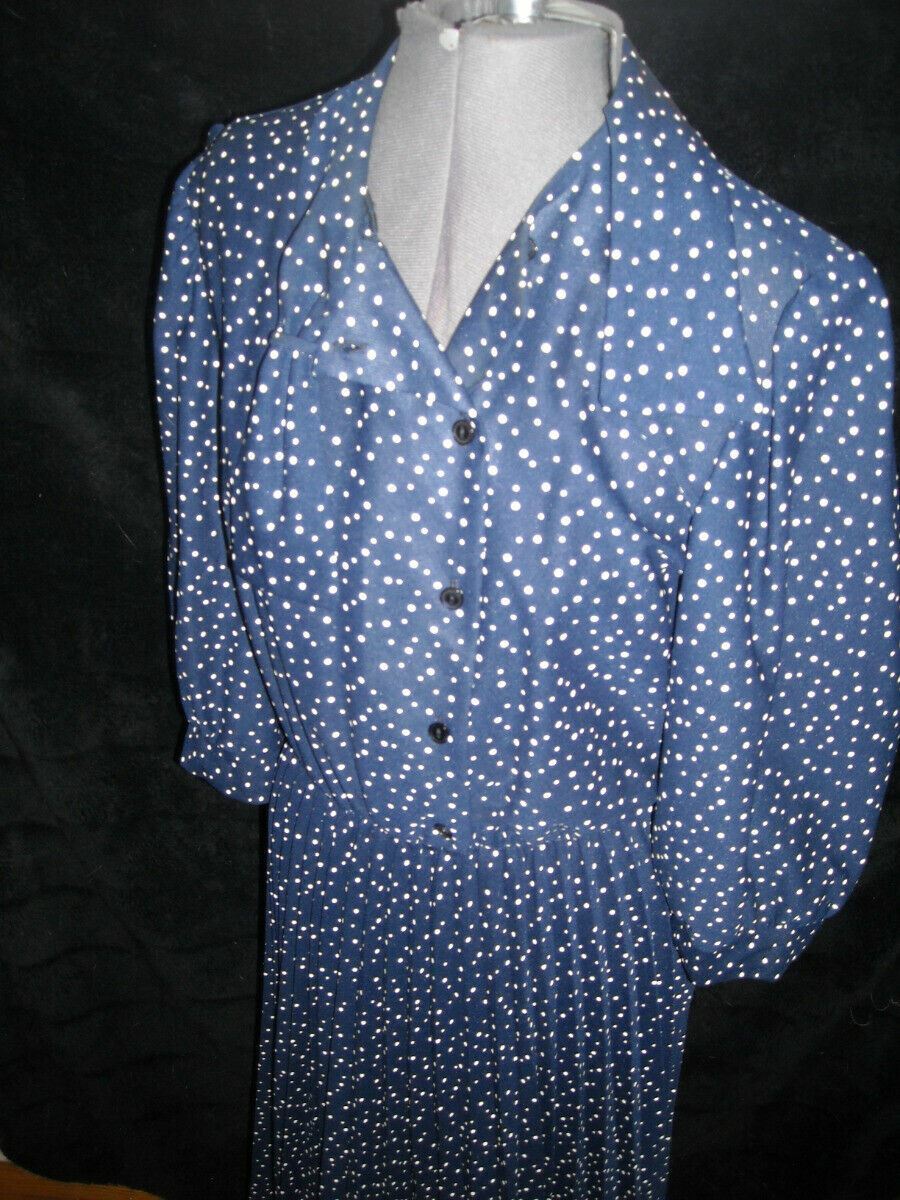 VTG 60S WOMENS 12 BLUE POLKA DOT PRINT 40S 50S STYLE SECRETARY POLYESTER DRESS