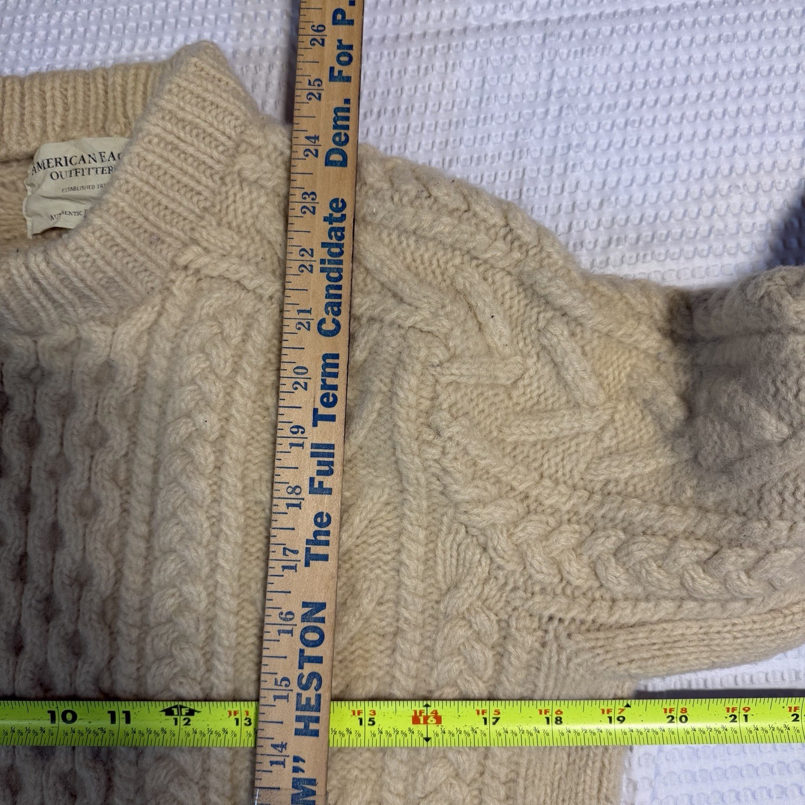 VTG American Eagle Beige 100% Wool Cable Knit Fisherman Sweater Handknit Size M