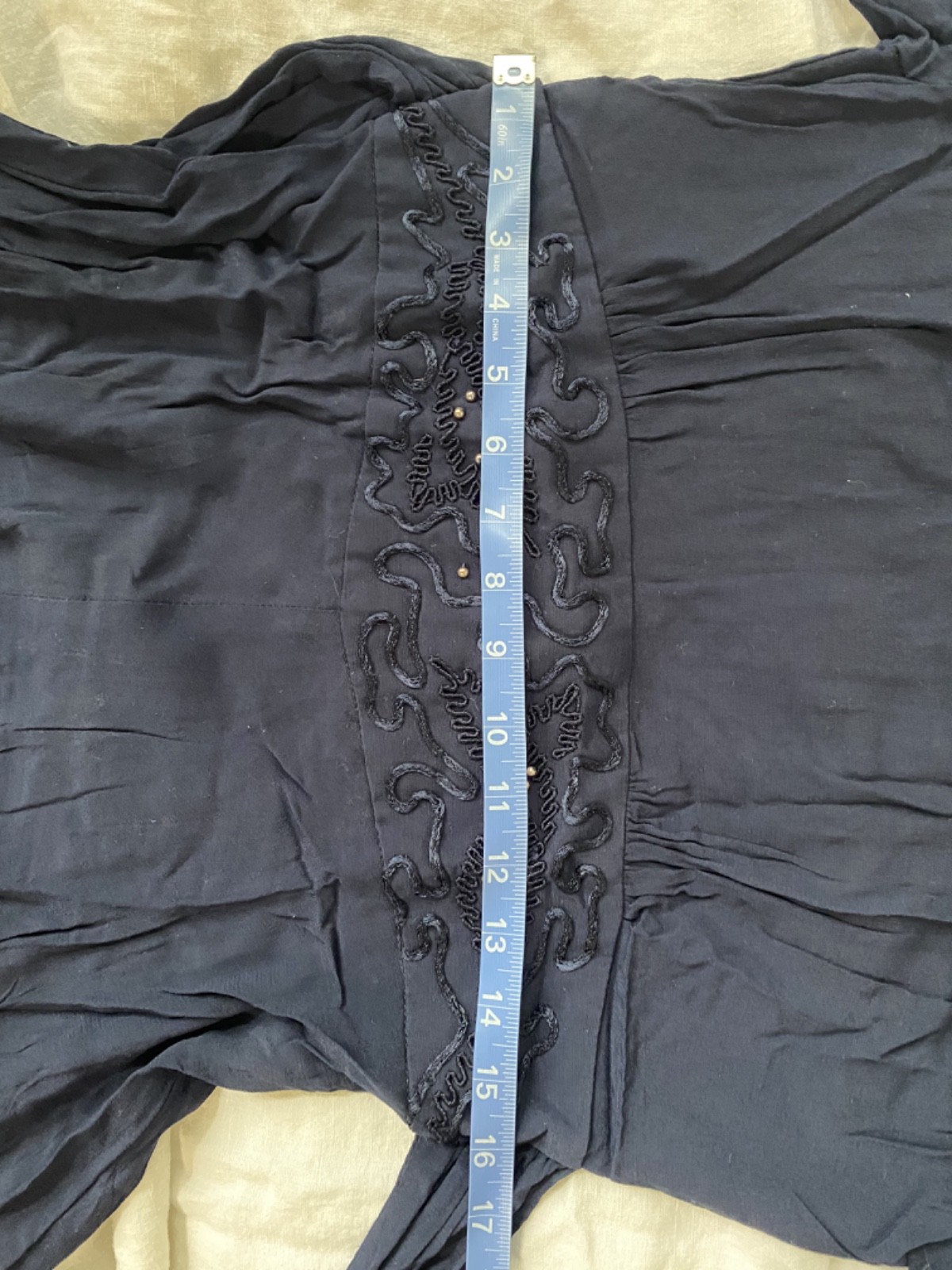 Vintage 1940s Style 80s Navy Dress, Women’s Medium Rayon Tie Back with Beading