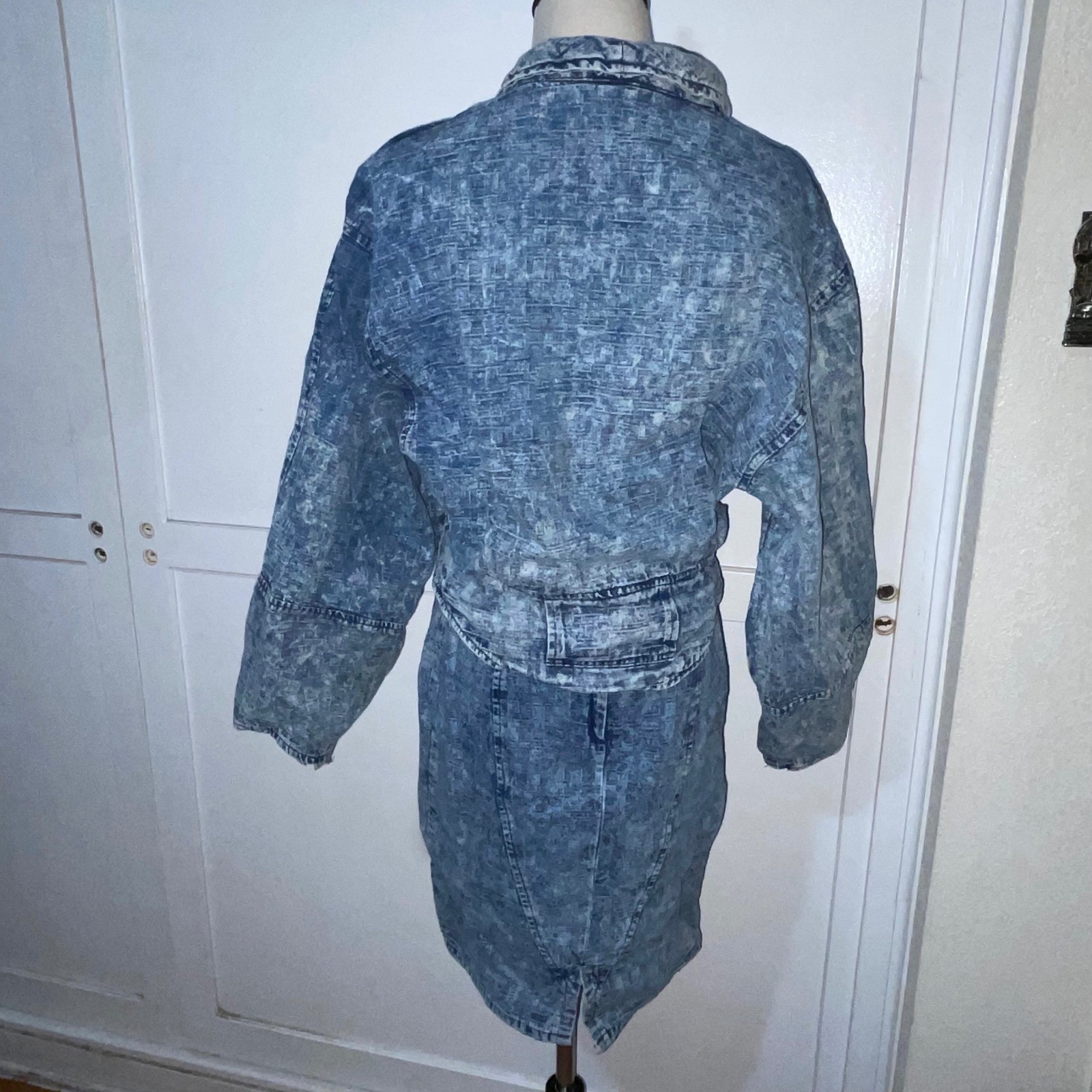 80s Paris Blues Acid Wash Denim 2 pc skirt & jacket Talon 42 Zip Puff Sleeve