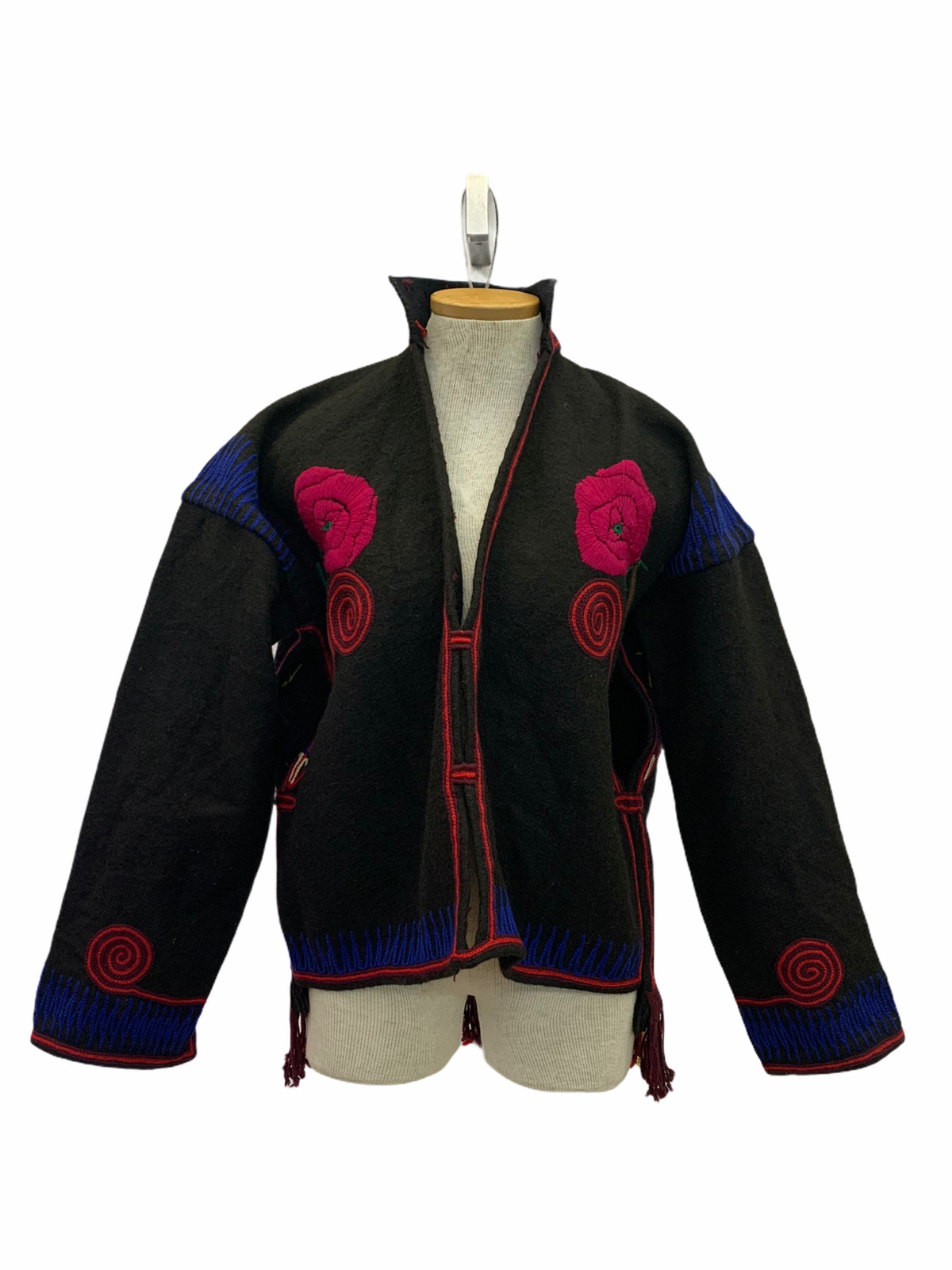 Vintage VTG 1960s 1970s Wool Black Floral Embroidered Jacket Coat