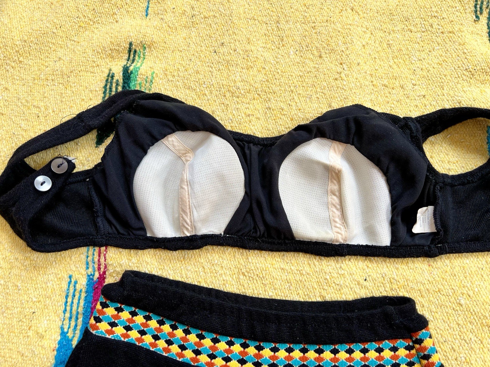 Black Terry Cloth Bikini Swimsuit Checked Waistband 1960s Vintage