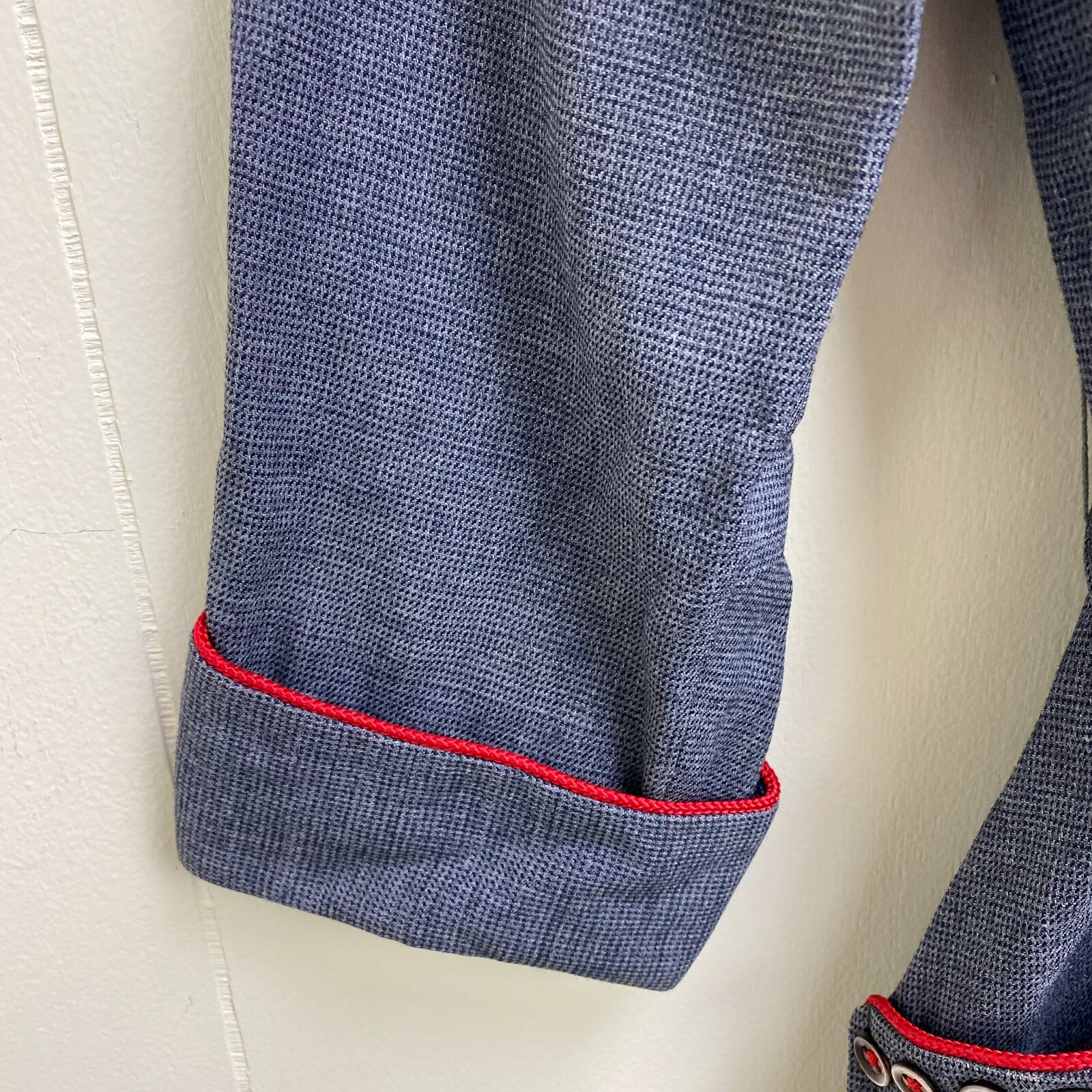 Vintage 40s 50s Paul Sachs Bluish Gray Dress w/ Red Trim Belted Pockets Size 6