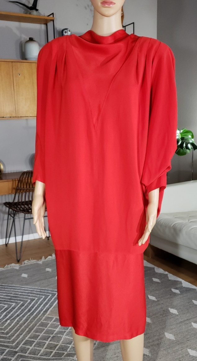 Vintage 1980’s Daymor Couture Paris Dress Red Art Deco Batwing Sleeve