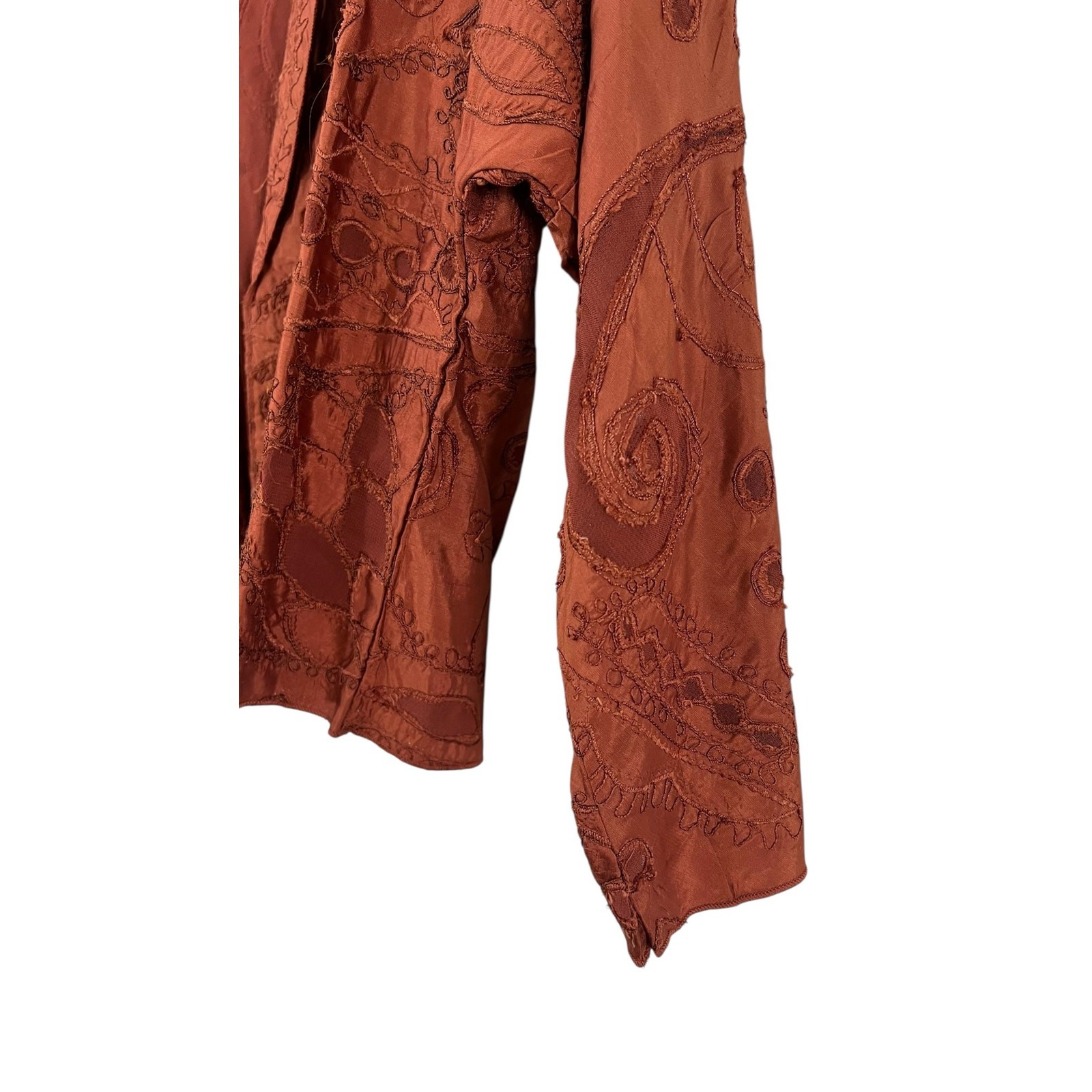 Vtg 90s Chico’s Design 100% Silk Embroidered Jacket Rust Art to Wear OS
